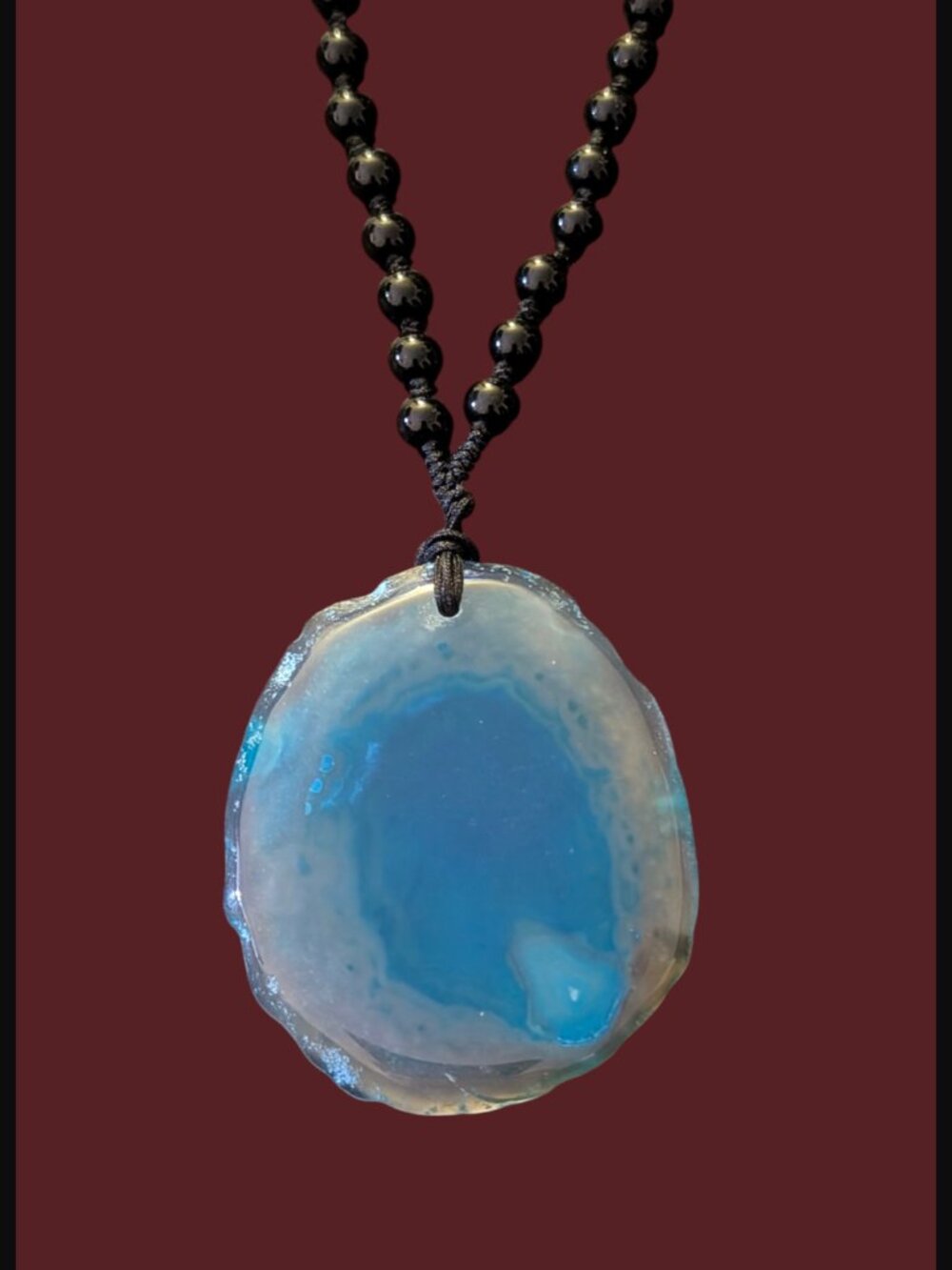Boho Blue Agate Slice 2.24" Pendant Hand Knotted 22.5" Chain Necklace
